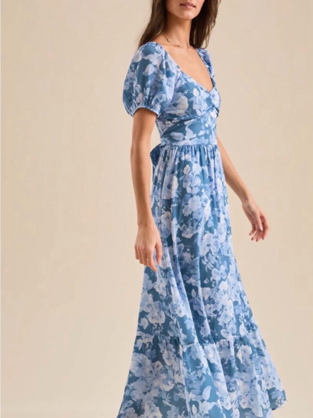 Blue Floral Puff-Sleeve Maxi Dress - Picture 3 of 4